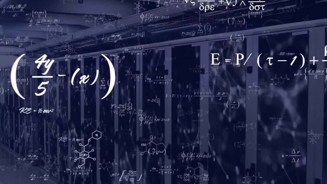 Animation of mathematical equations over connected dots on data server racks