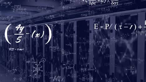 animation of mathematical equations over connected dots on data server racks