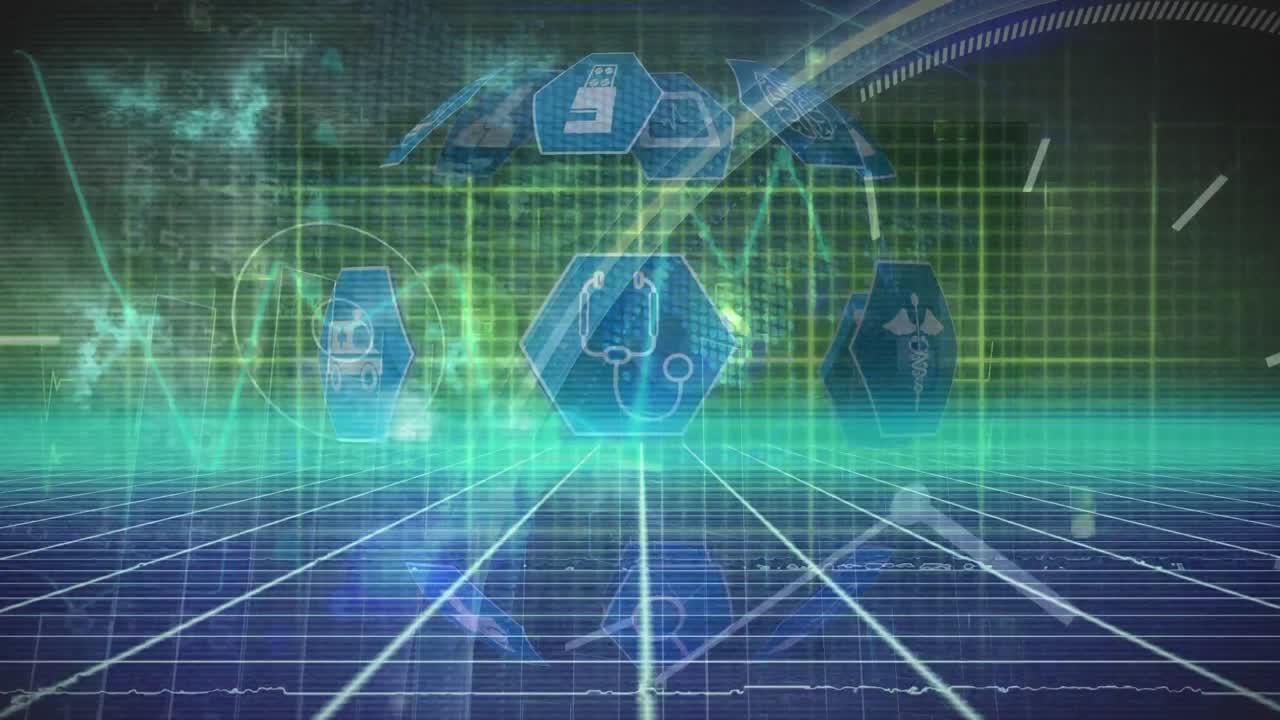 검은색 배경에 의학 아이콘과 움직이는 시계 위에 네온 선의 애니메이션