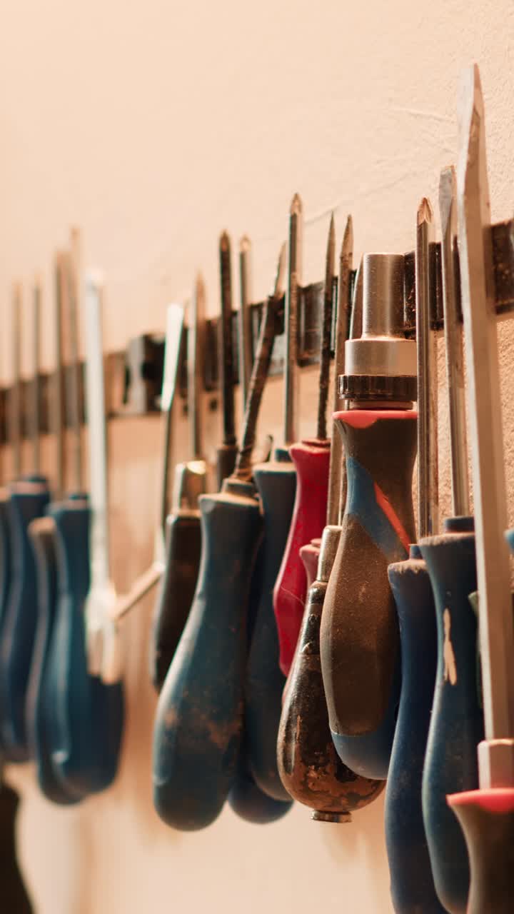 Row of Assorted Screwdrivers and Hand Tools Hanging on a Wall