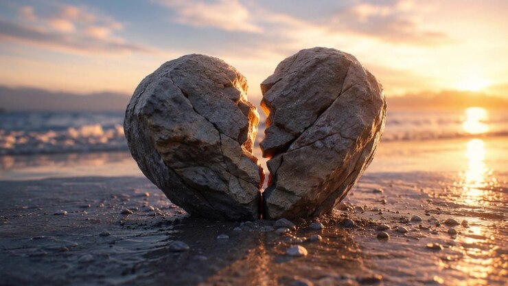 Gebarsten hartvormige steen op het strand bij zonsondergang