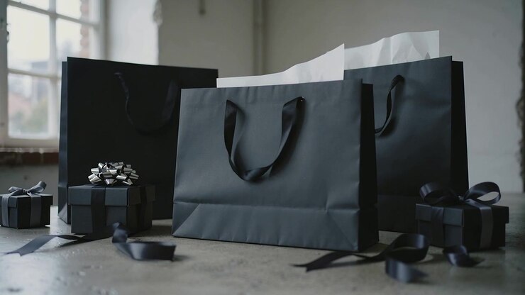 Inclinandosi a causa di una corrente d'aria dalla finestra, una borsa nera centrale solleva un fazzoletto e muove dei nastri su un tavolo con delle scatole