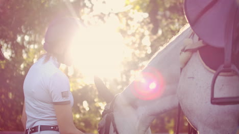 Female-is-stroking-her-horse.-It's-sunny-embrace-with-her-lovely-horse.