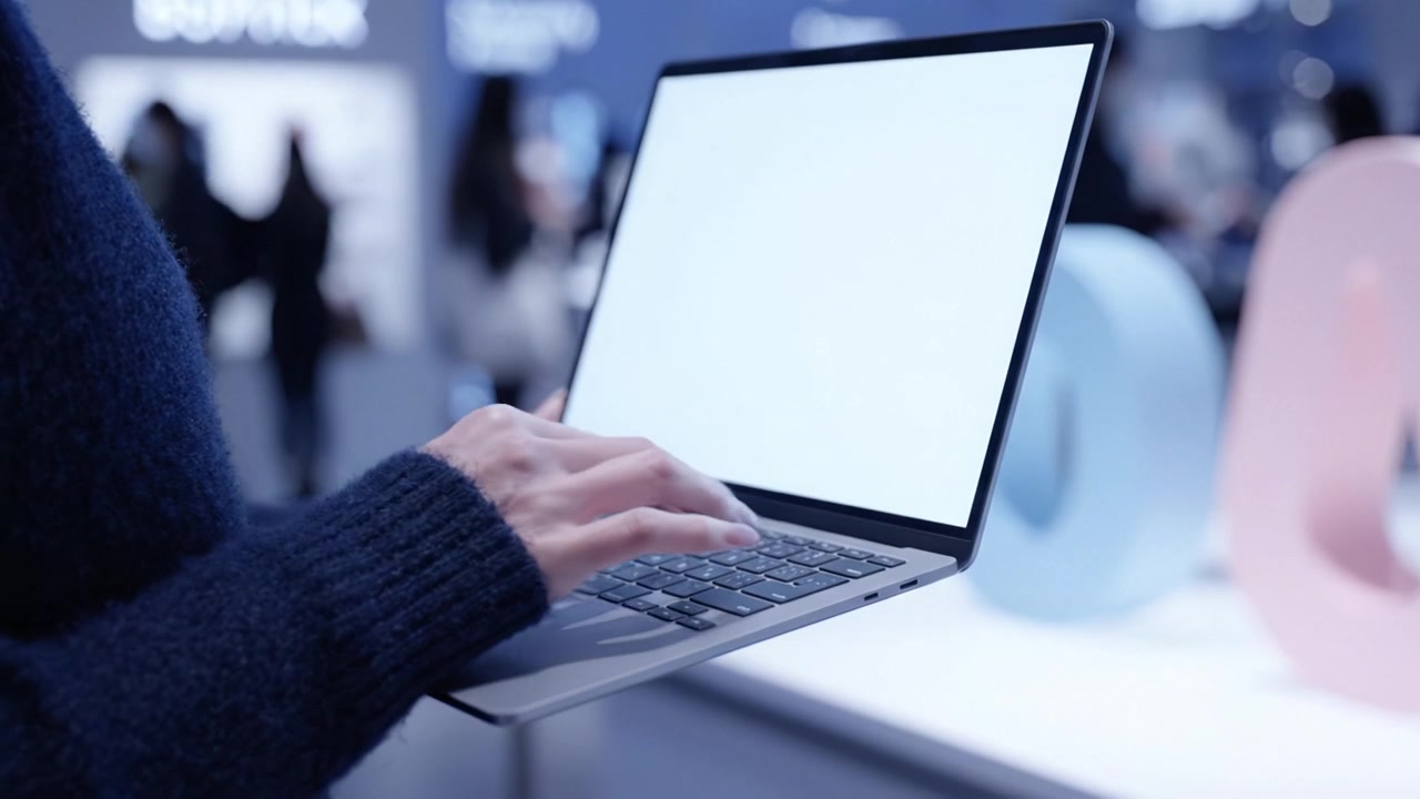 Interazione Utente Coinvolta con un Moderno Laptop che Mostra uno Schermo Vuoto in una Vivace Configurazione Tecnologica, Evidenziando la Connettività Digitale Contemporanea e l'Esperienza Utente