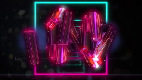 animación de bloques metálicos rosados brillantes sobre cuadrados de neón sobre fondo negro
