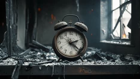 broken clock amidst fire damage