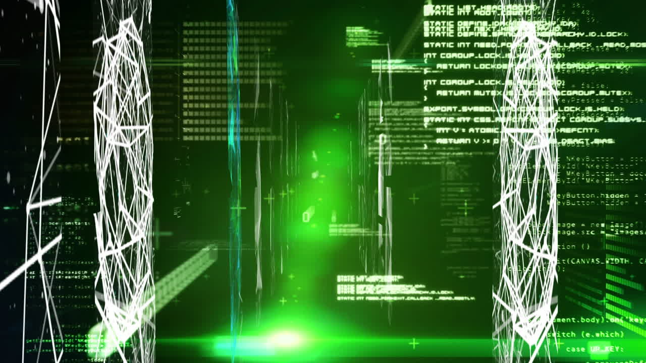 Glowing green spots of light against data processing