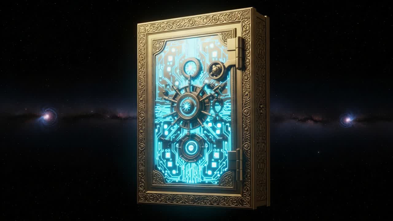 A Mysterious Portal: Exploring an Enchanted Lockbox with Intricate Designs and Futuristic Elements Glowing Against a Cosmic Backdrop