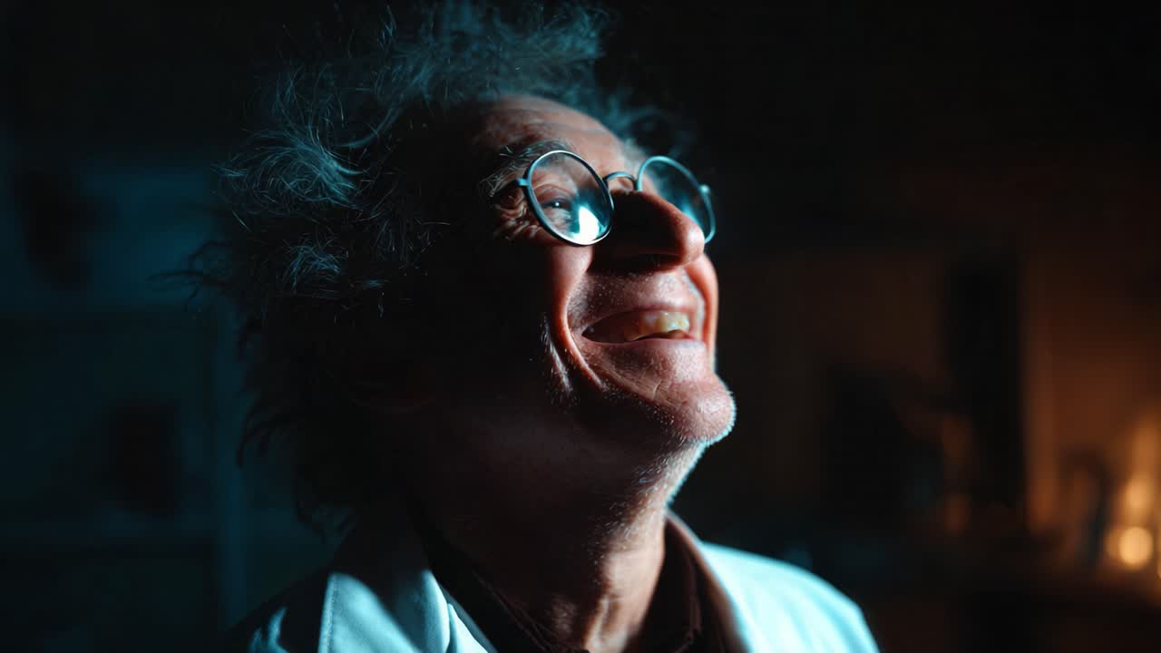 Un innovatore scientifico che esprime emozioni mentre riflette su idee in un laboratorio con illuminazione soffusa, evocando curiosità ed entusiasmo per la scoperta
