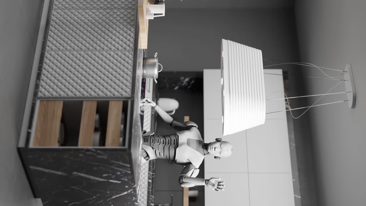 de un robot humanoide vertical en el interior de una casa cocina moderna inteligencia artificial renderización de animación en 3d