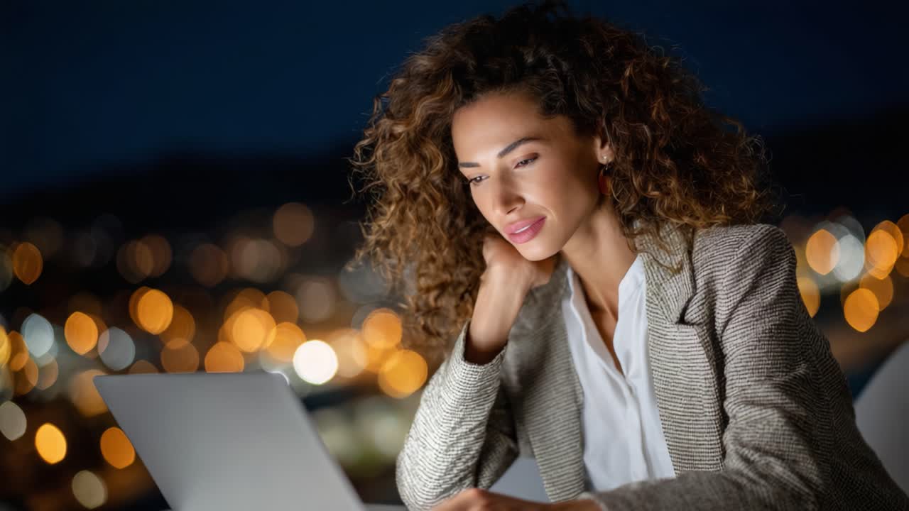 Una donna professionale concentrata, impegnata a lavorare su un laptop di notte, con uno scintillante paesaggio urbano sullo sfondo, a sottolineare la concentrazione e la determinazione