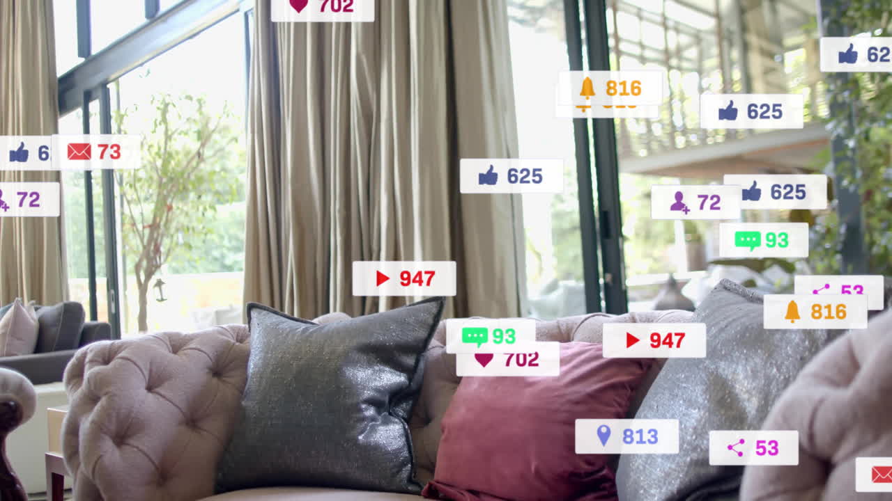 소셜 미디어 알림 - 소파와 베개가있는 현대적인 거실에 대한 애니메이션