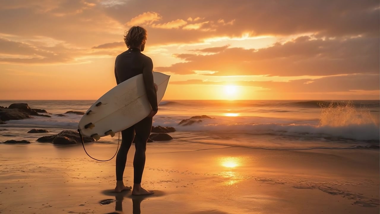 Un surfista che porta una tavola da surf cammina verso le onde dell'oceano durante un tramonto dorato e luminoso