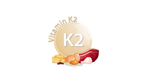a golden vitamin k2 icon is centered on a white background as illustrated foods like cheese, eggs, and meat smoothly animate into view beneath it