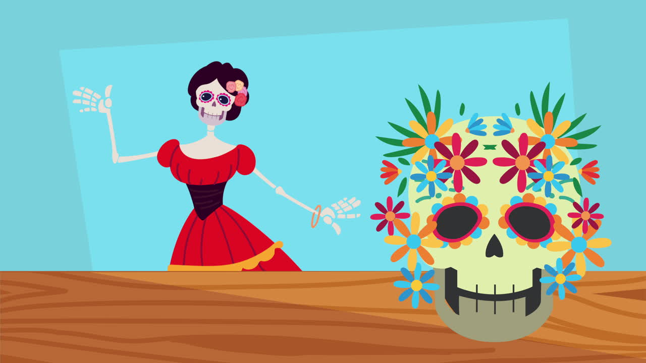 ilustración del día de los muertos con esqueleto y calavera de azúcar