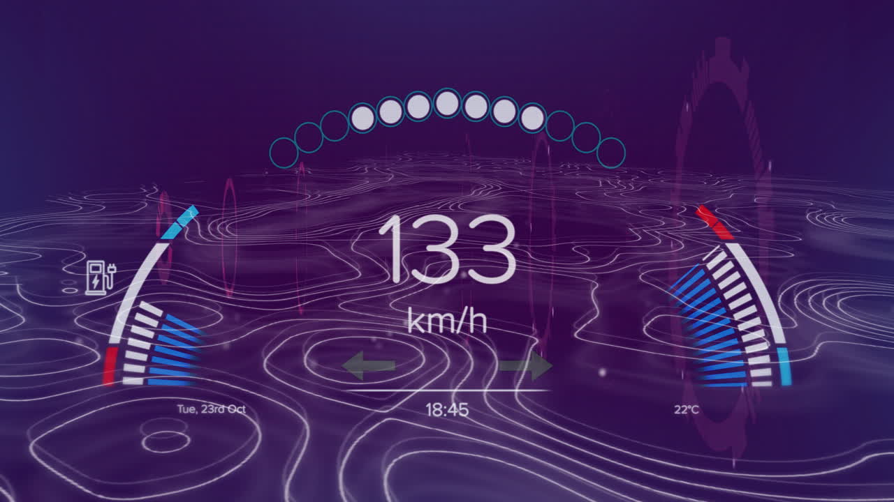 Animation of digital speedometer showing 100 km or h with futuristic interface elements