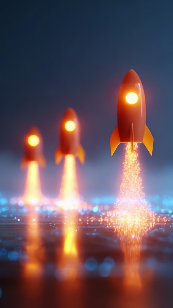 Dynamic launch of futuristic rockets taking off with vibrant orange flames against a blurred blue background, symbolizing innovation and exploration in technology