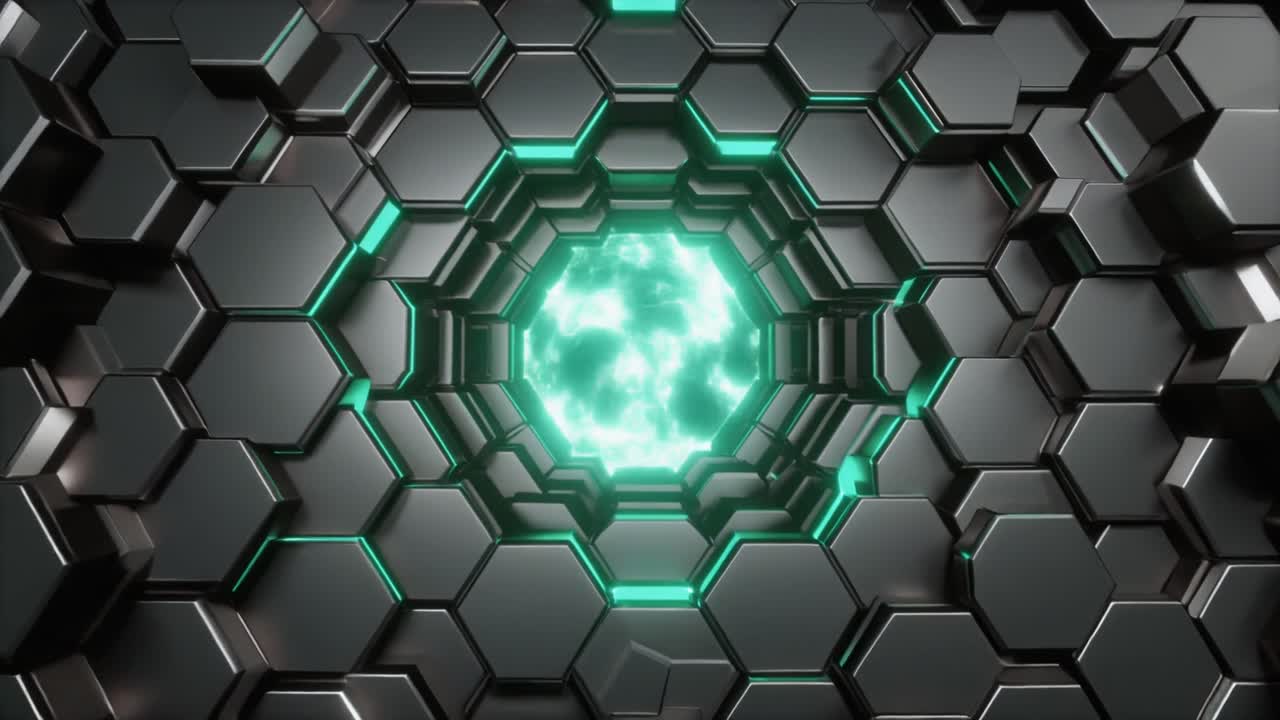 Túnel Hexagonal Futurista com Luz de Energia Verde Brilhante