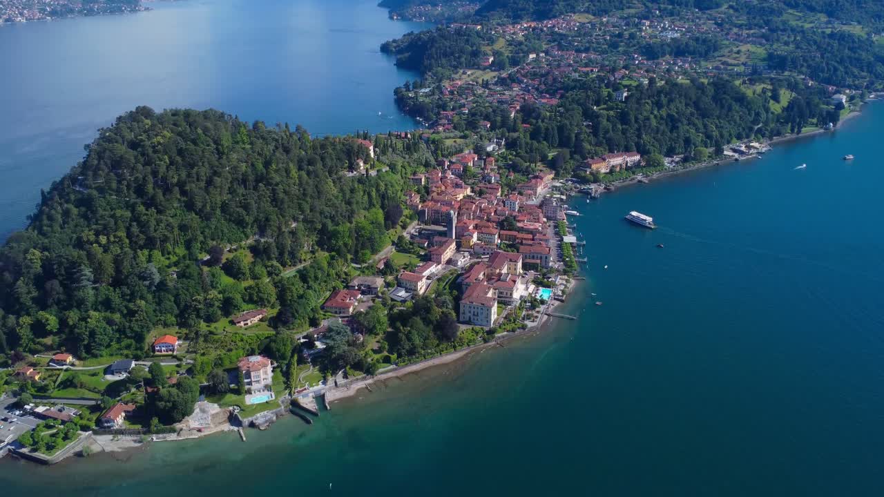Aerial view looking down onto Bellagio Peninsula on stunning Lake Como
