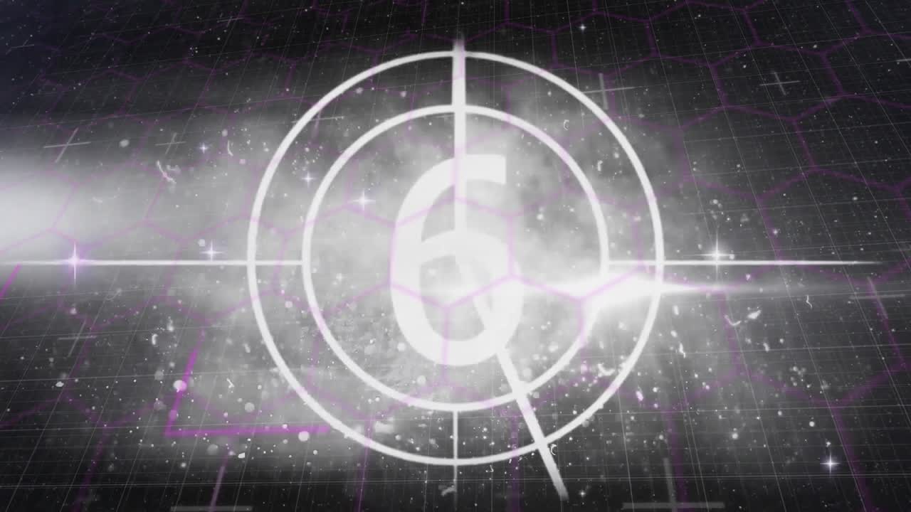 Animation of countdown over glowing spots of light on black background