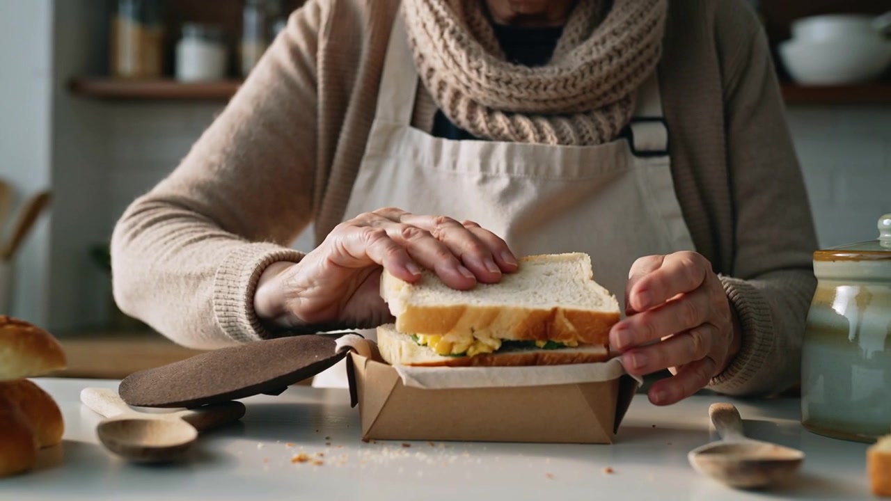 Un cuoco casalingo in grembiule prepara un panino con uova e verdure, assemblandolo e pressandolo in una scatola per il pranzo.