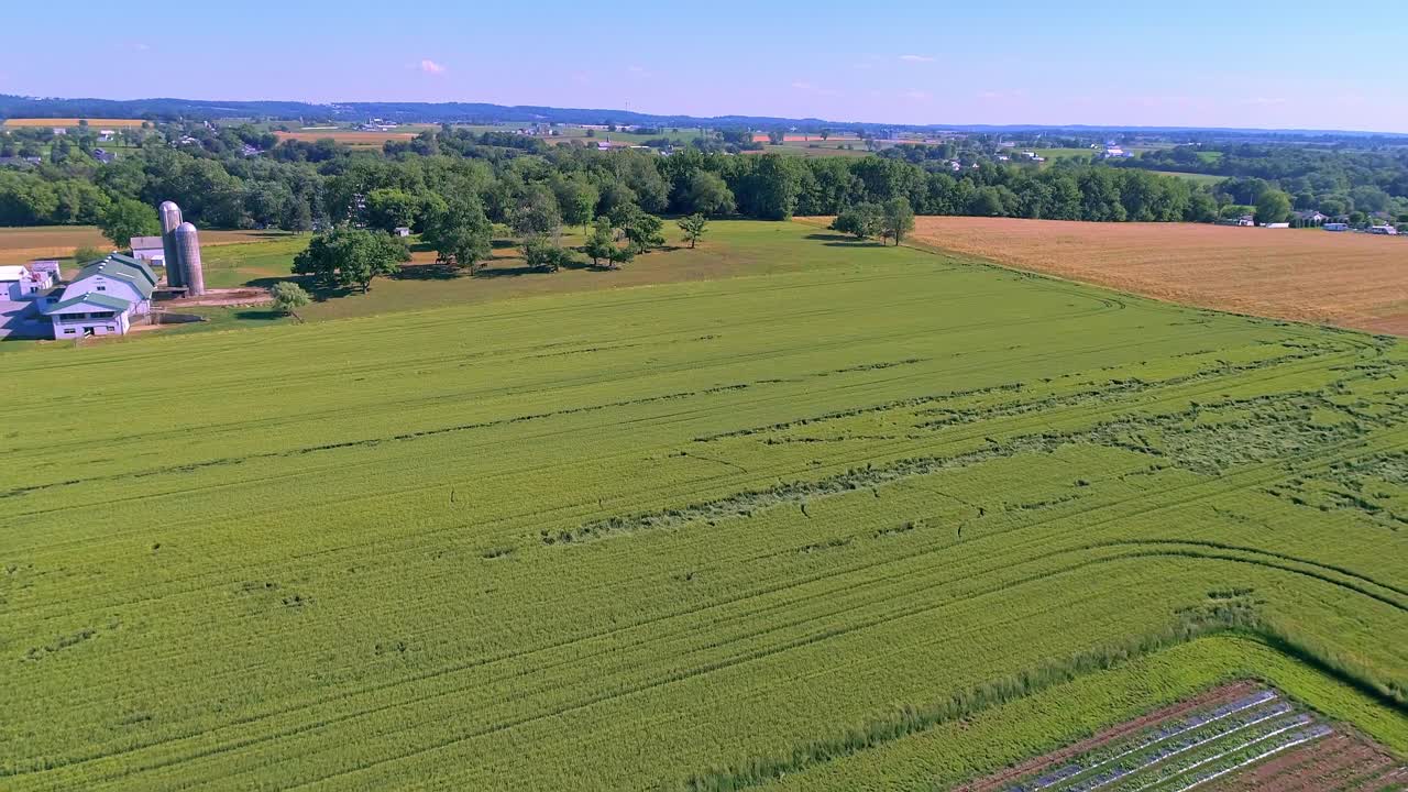 An Aerial View of Resident Homes Next to Farmlands of Fields of Crops Growing in the Summer Sun