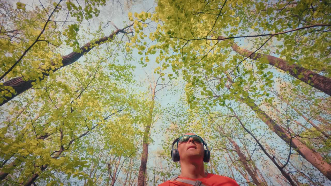 Plano contrapicado de un hombre maduro activo de unos 50 años mirando hacia la exuberante copa verde del bosque. Concepto de senderismo consciente, conexión con la naturaleza y alivio para la salud mental. Calidad 4k.