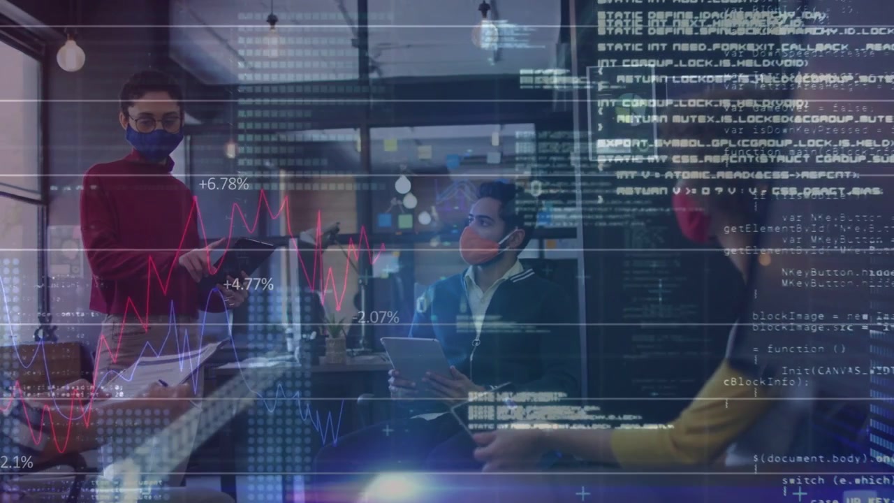 Presenter pointing tablet and initiating business review while team typing, charts overlaying