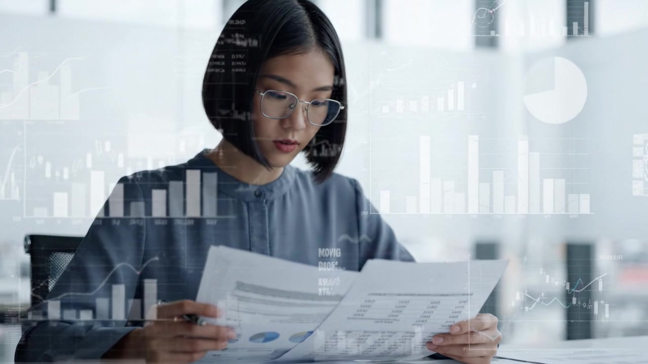 Focused Professional Analyzing Financial Reports with Data Visualizations in Modern Office Environment, Highlighting Analysis and Decision-Making Processes.