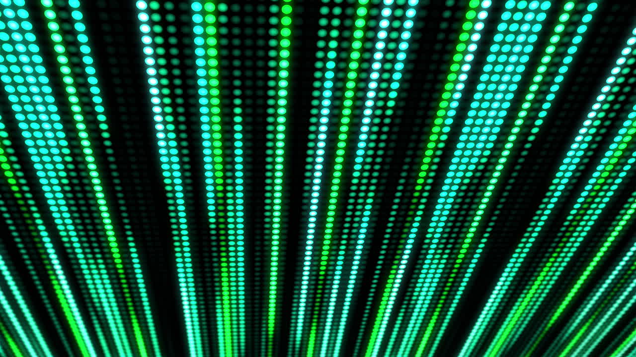 Bright glowing green diodes. Movement falling down festive illumination lines. Blurred electronic display. Shining stream. Looped motion graphics.