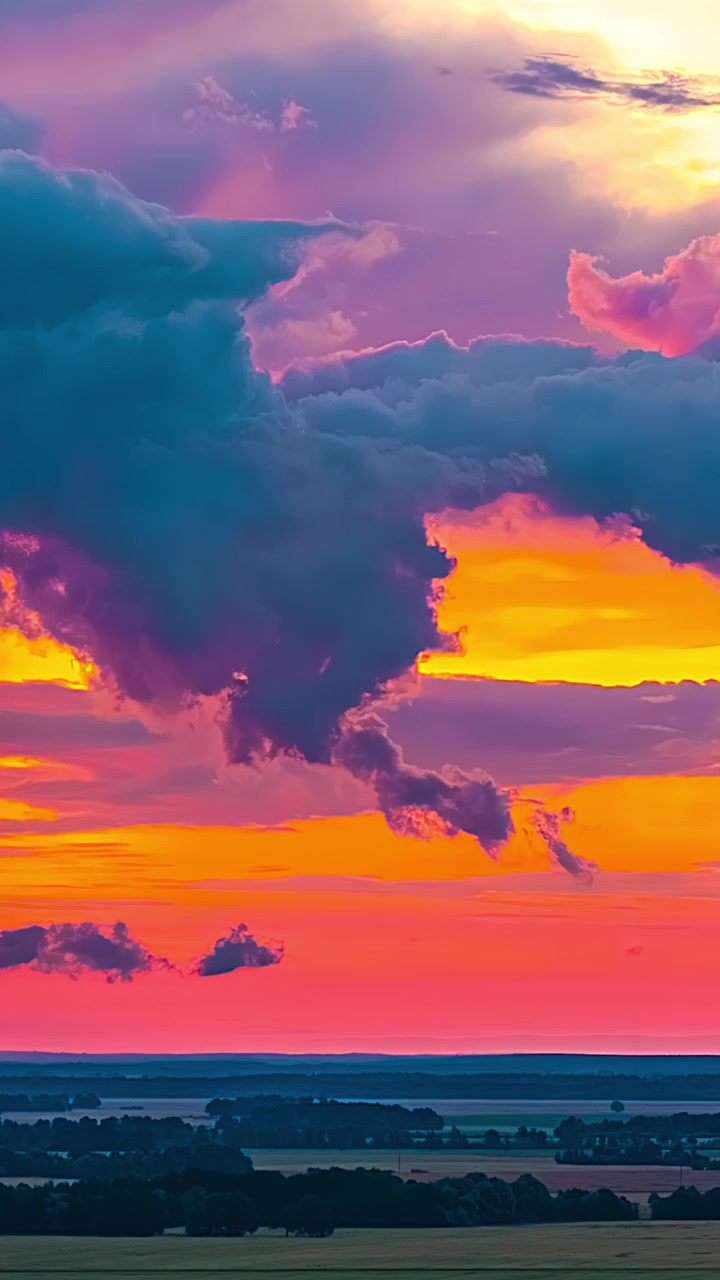 Vertical aerial timelapse captures vivid purple and pink sunset clouds morphing and drifting over quiet rural farmland horizon