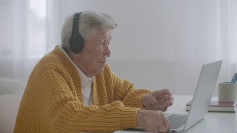 mujer mayor con computadora portátil llamando por teléfono inteligente en casa. mujer mayor haciendo una videollamada en la computadora portátil sonriendo y hablando felizmente en un apartamento acogedor. médico llamando por video a un paciente mayor