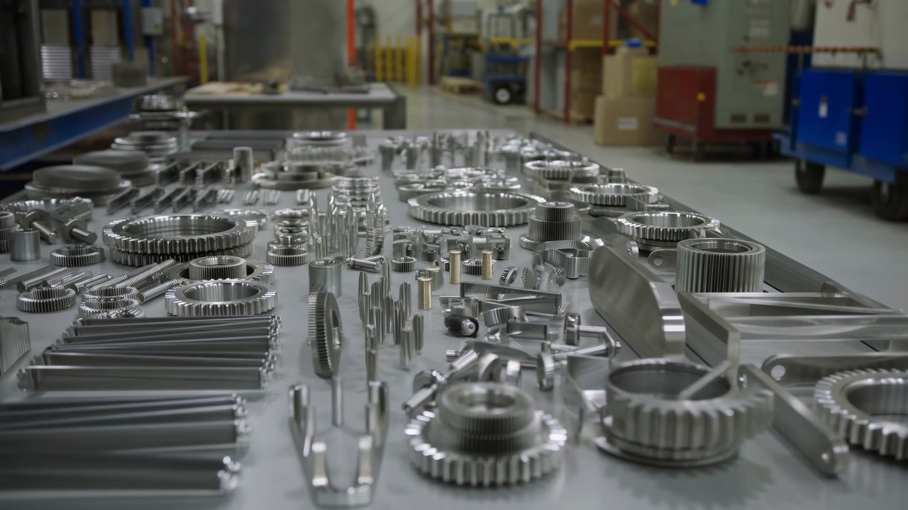 Table Of Stainless Steel Gears Array Showing Organized Parts On Factory Tray With Polished Cogs, Rings, Shafts