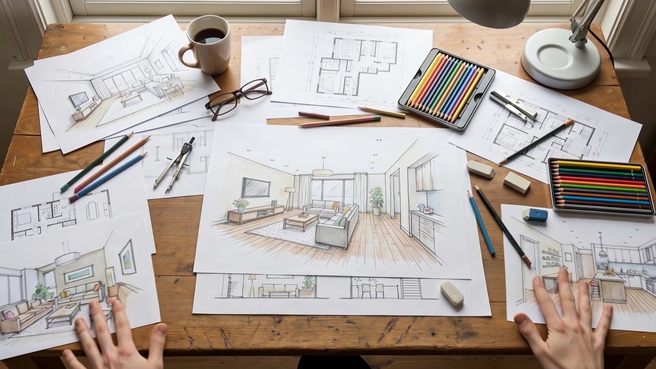 Bovenaanzicht van een interieurontwerper die plattegronden en indelingen van woonkamers schetst op papier