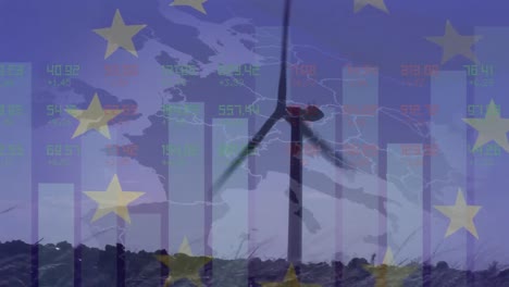 Animation-of-european-union-flag,-map-and-data-processing-over-rotating-wind-turbine-in-field