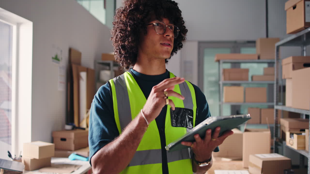 Young Man in Safety Vest Using Tablet in Warehouse