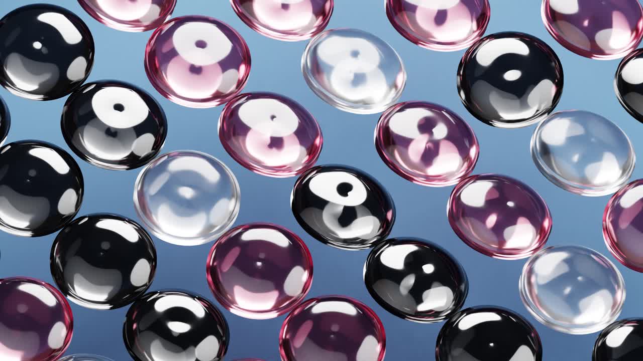 Motivo dinamico di sfere lucide rotanti su sfondo blu