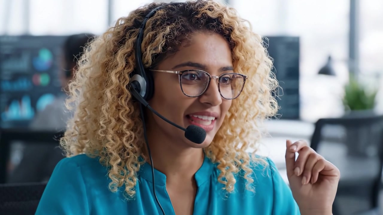 Een betrokken klantenservicemedewerker in een kantooromgeving: professionaliteit en positiviteit uitstralend terwijl klanten worden geholpen met hun behoeften.