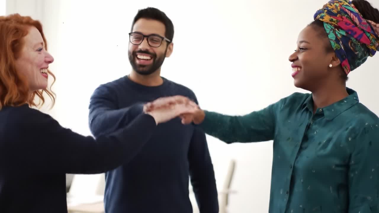 Three friends interact happily in a warm and inviting indoor environment. They share laughter and touch hands, enjoying each other's company during a cheerful gathering.