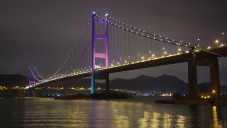 tsing ma bridge hong kong in night with illuminating lights and traffic timelapse