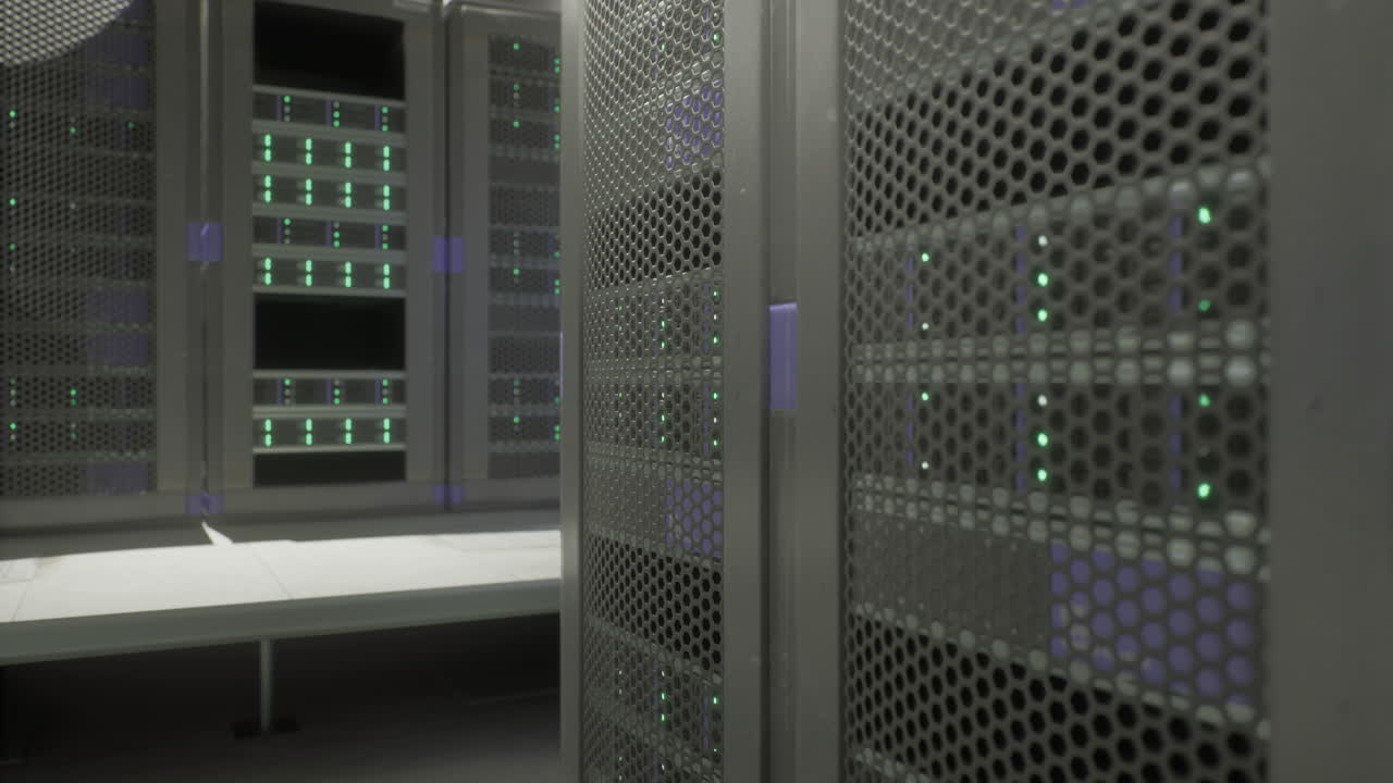 Modern data center with illuminated server racks in a secure environment