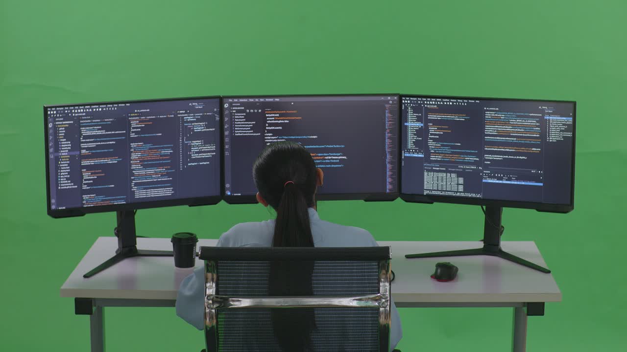Back View Of Bored Asian Woman Developer Write Code With Multiple Computer Screens In Green Screen Studio