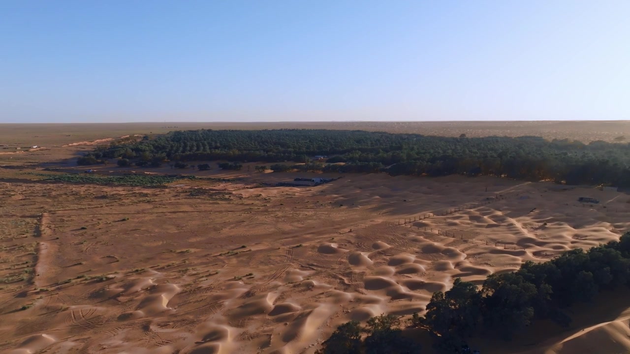 Drone-lento syrjäisen Ksar Ghilanen keitaan yllä Tunisian Saharan sydämessä. Panoraamanäkymä aavikon etuvartioasemasta, jota ympäröivät loputtomat hiekkadyynit ja laaja kuiva erämaa.