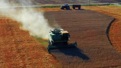 Cosechadora-Recolectando-Grano-En-Un-Campo-De-Trigo---Toma-Aérea-De-Drones