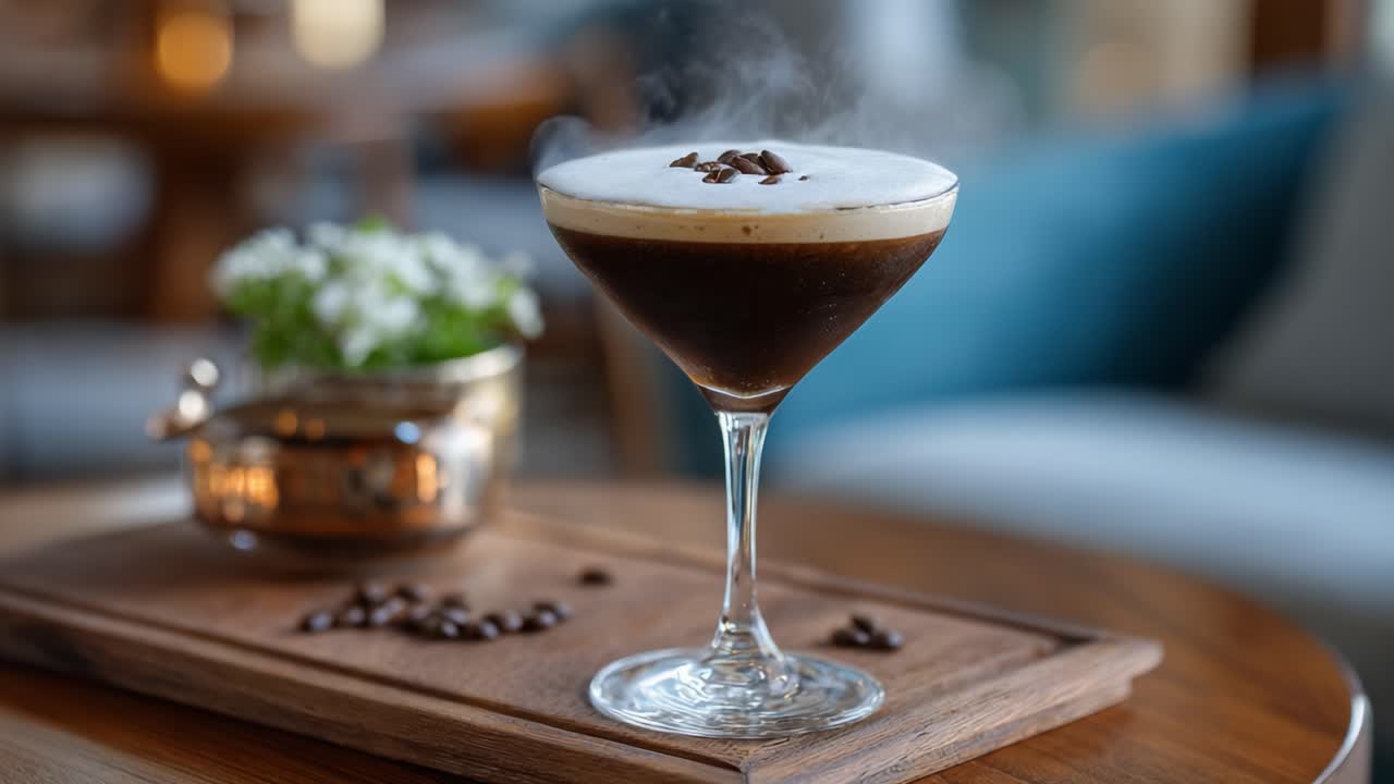 A Sophisticated Coffee Cocktail with Rich Foam and Coffee Beans, Perfectly Served in a Glass, Capturing an Elegant Setting with a Touch of Class