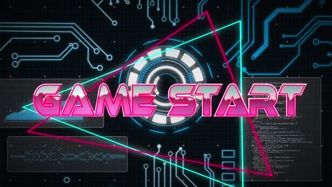 Animation-of-game-start-text-over-computer-circuit-board-and-data-processing