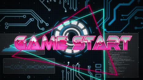 animation of game start text over computer circuit board and data processing