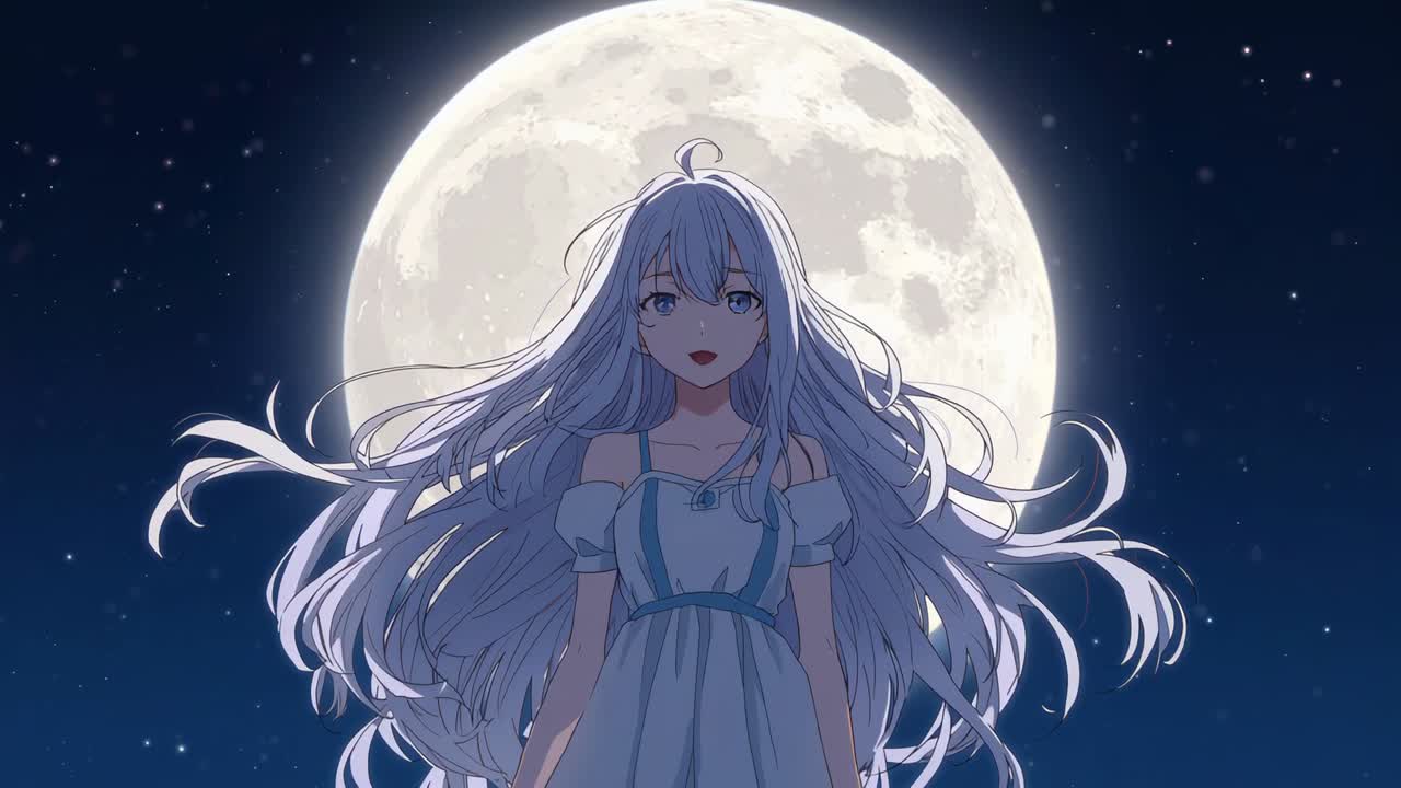 Breeze sparking silver-haired figure drifting hair lowering eyelids reflecting opening eyes by moon
