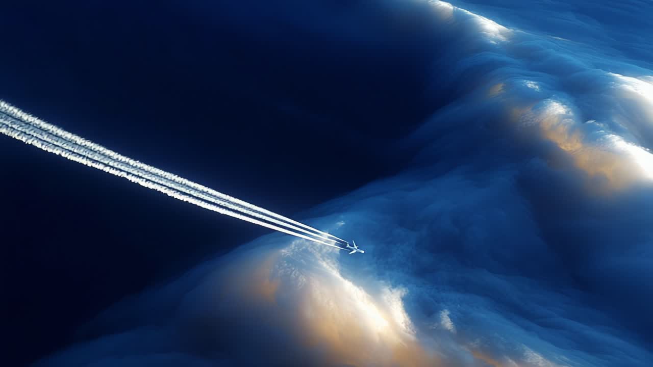 Aerial View of an Airplane Leaving Contrails Through a Sea of Clouds, Capturing the Serene Beauty of Flight Against a Majestic Sky at Twilight