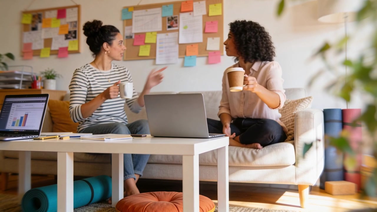 Reaching two women striped top, blouse swapping mugs gesturing planning at home with laptop chart